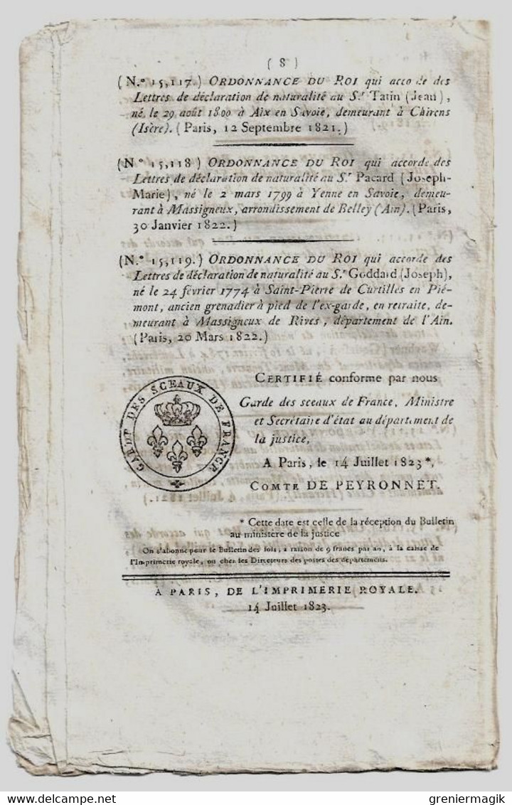 Bulletin Des Lois N°615 1823 Baron De La Rochefoucauld Gouverneur 12e Division Militaire/Martignac/Chastenet De Puységur - Decreti & Leggi