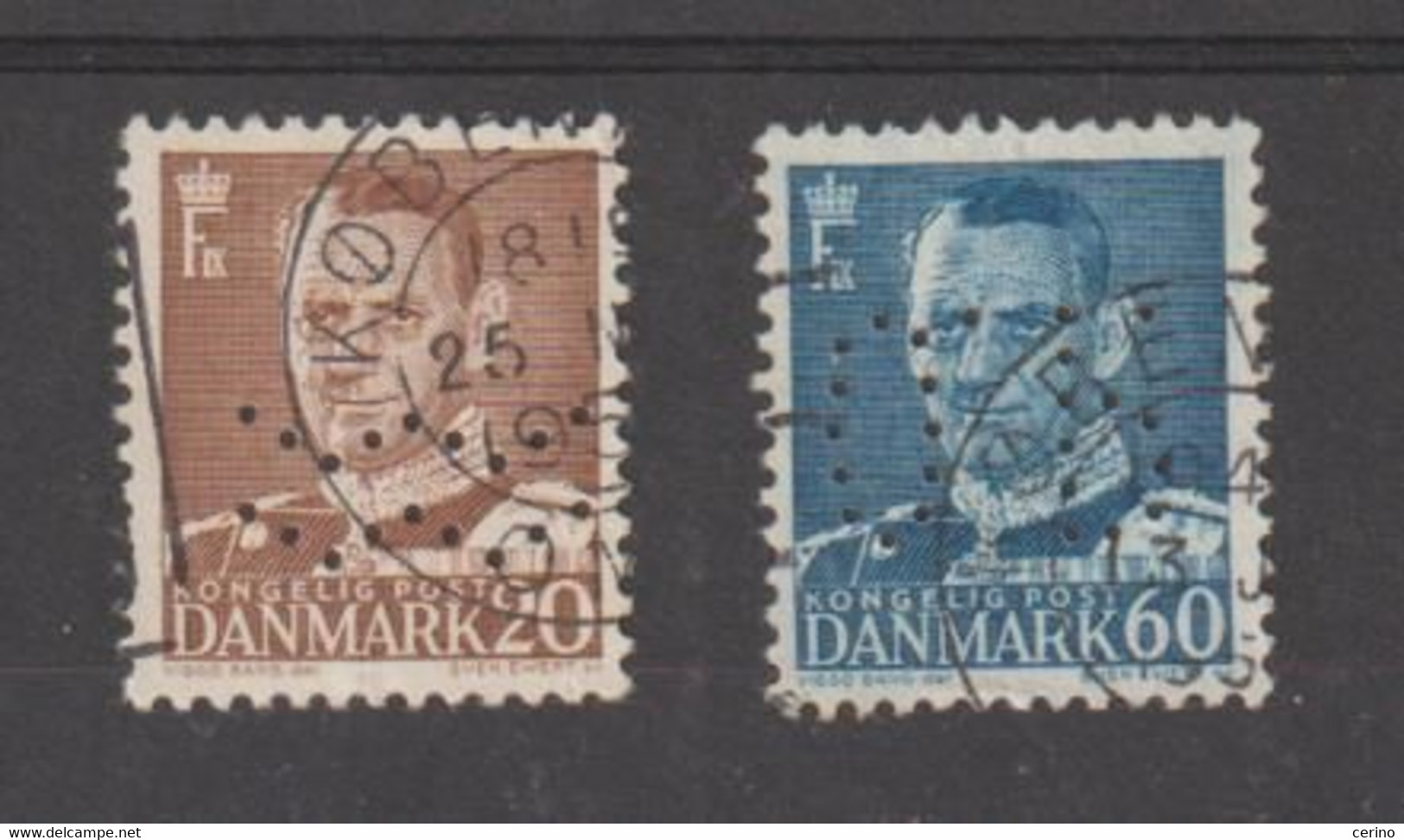 DANIMARCA:  1948/53  PERFIN  -  2  VAL. US. -  YV/TELL. 318 + 329 A - Errors, Freaks & Oddities (EFO)