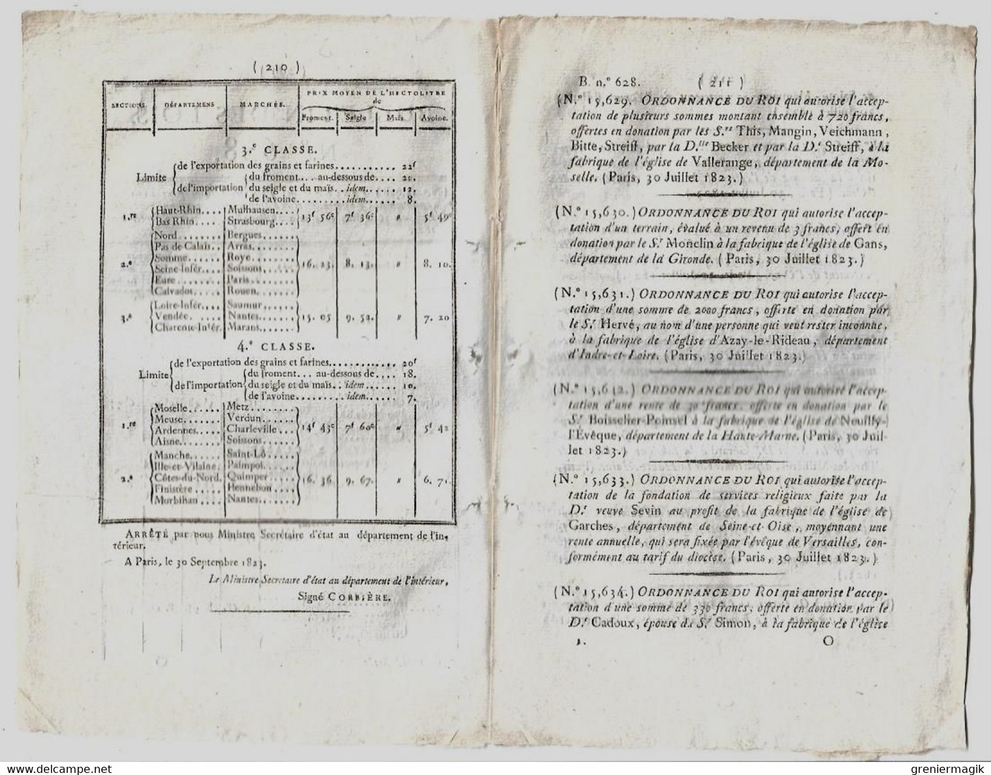 Bulletin Des Lois N°628 1823 Prix Des Grains/Legs Boisselier-Poinsel à Neuilly-l'Evêque, Bienvenu-Miollis Hautes-Alpes.. - Decreti & Leggi