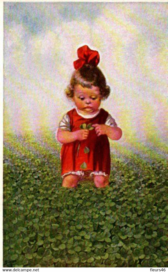 Belle Illustrée Signée FIALKOWSKA :petite Fille Dans Les Trèfles à Quatre Feuilles - Fialkowska, Wally