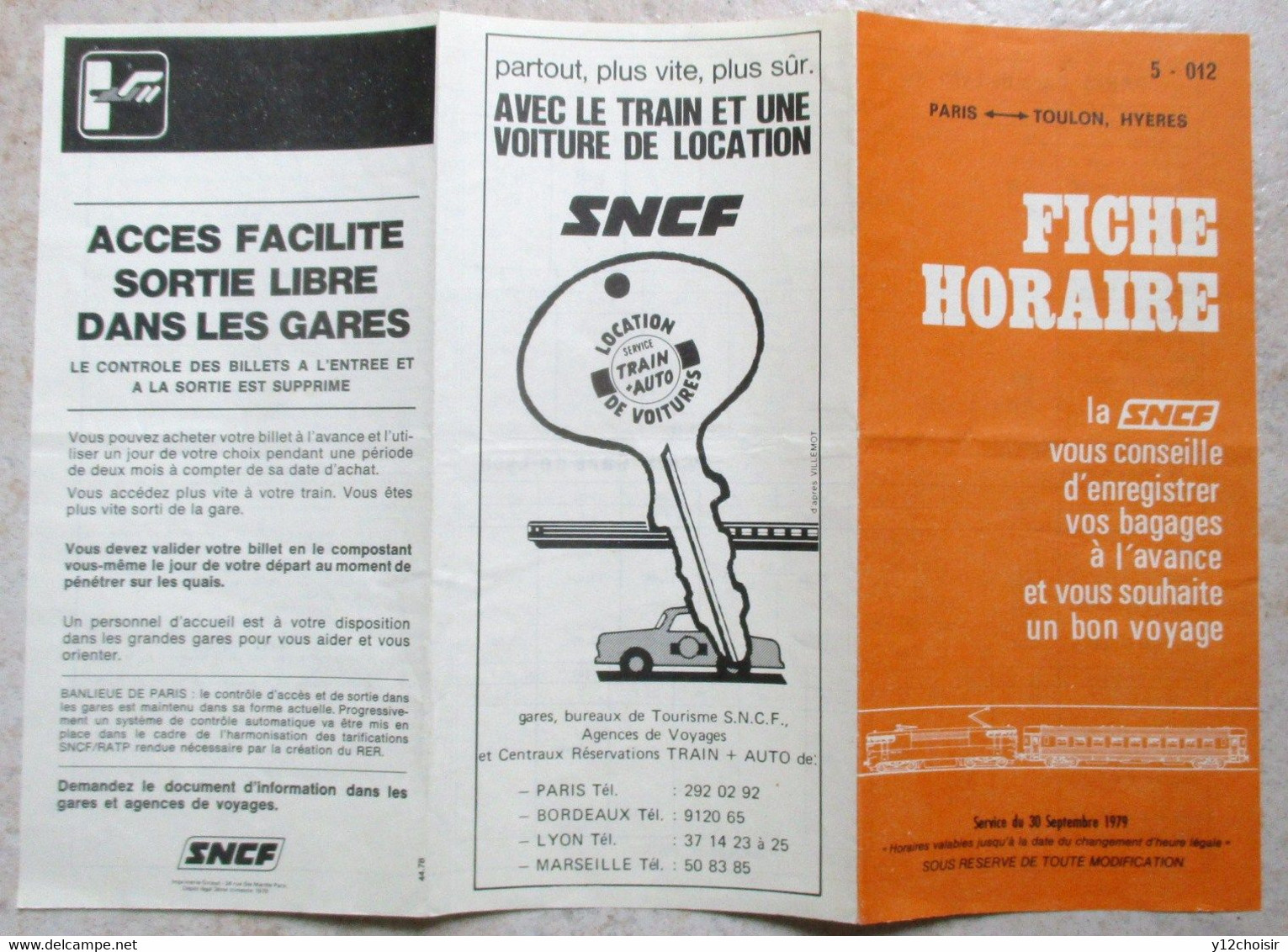 FICHE HORAIRE SNCF 1979 LIGNE PARIS GARE DE LYON TOULON HYERES - Europe