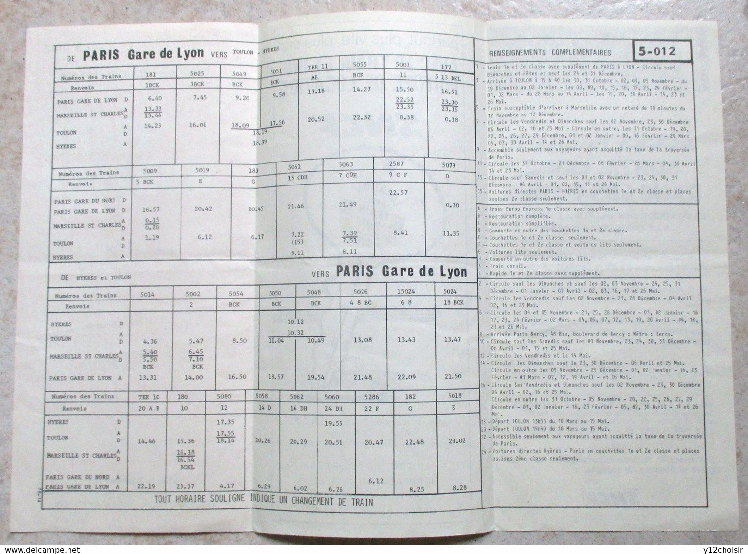 FICHE HORAIRE SNCF 1979 LIGNE PARIS GARE DE LYON TOULON HYERES - Europe