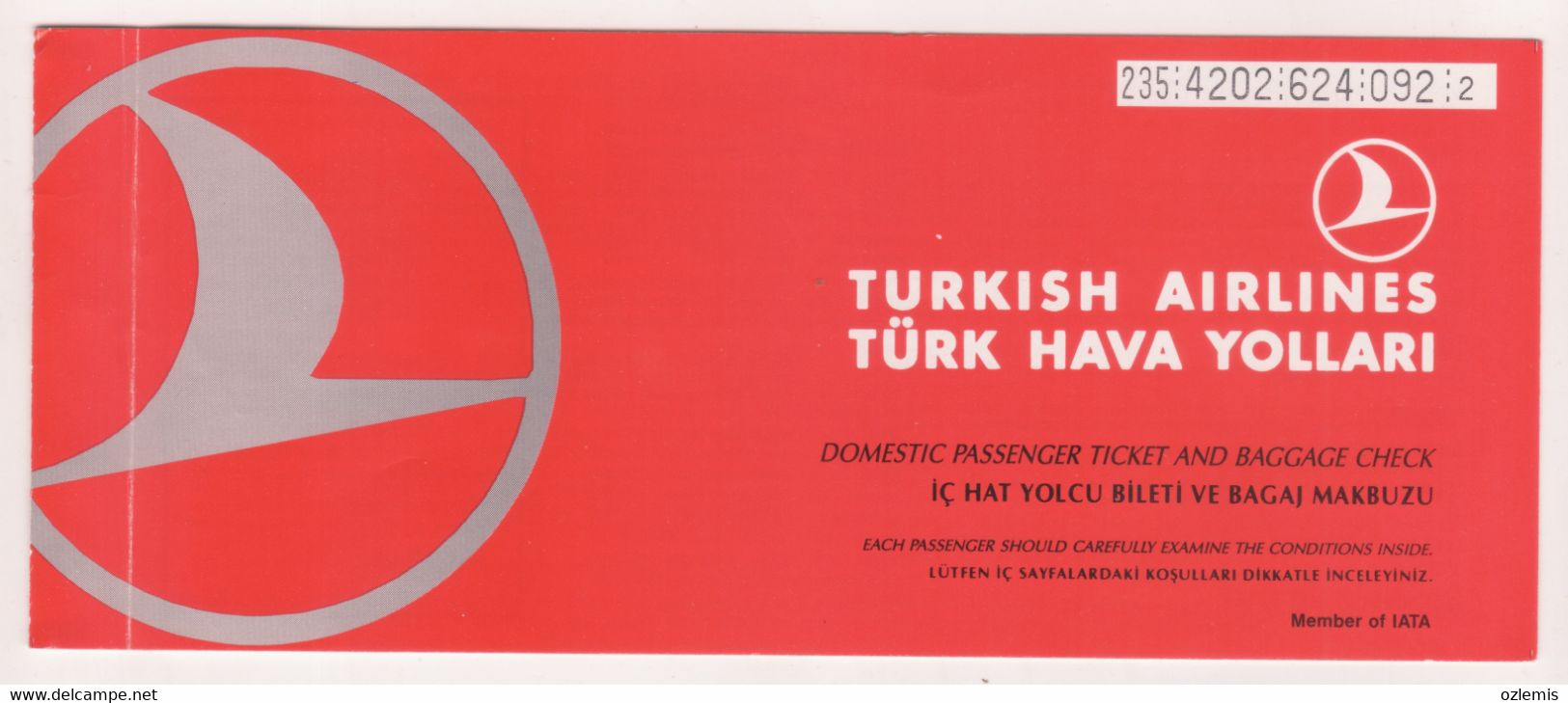 TURKISH AIRLINES TICKET ,ISTANBUL-ANTALYA 1994 - Europe