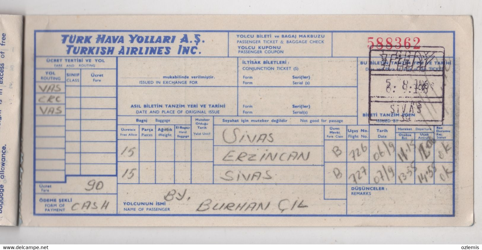 TURKISH AIRLINES TICKET ,SIVAS -ERZINCAN 1968 - Europe