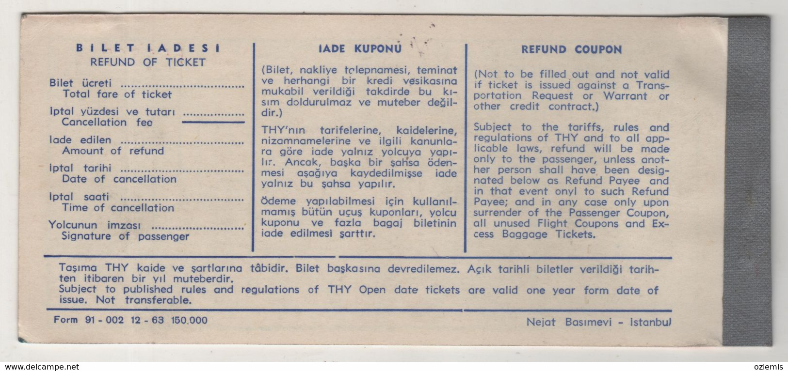 TURKISH AIRLINES TICKET ,SIVAS -ERZINCAN 1968 - Europa