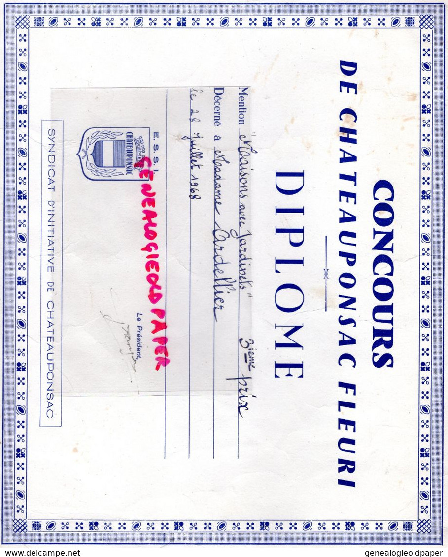 87- CHATEAUPONSAC- DIPLOME DE CHATEAUPONSAC FLEURI-MADAME ARDELLIER- 28 JUILLET 1968- SYNDICAT INITIATIVE - Historical Documents