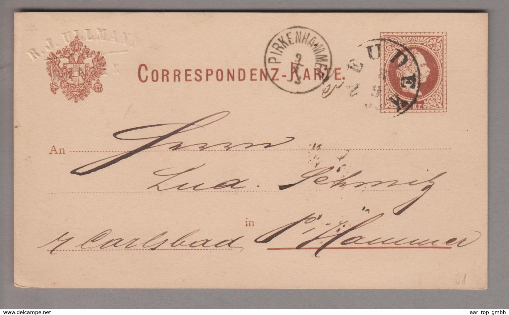 Tschechien Heimat Pirkenhammer (Brezova) Fingerhutstempel Auf GS Mit Absender-Prägung 1883-09-08 - ...-1918 Prephilately