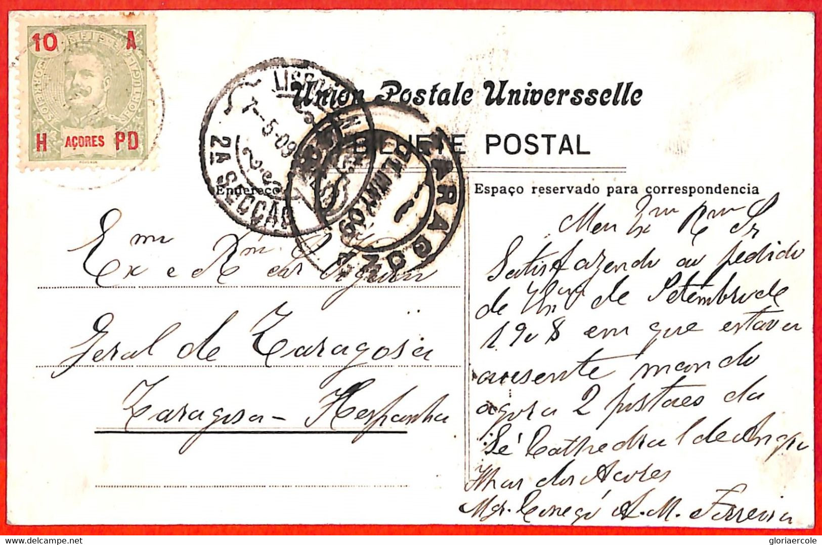 Aa3939  - AZORES - POSTAL HISTORY -  POSTCARD To SPAIN 1909 - Afrique Portugaise