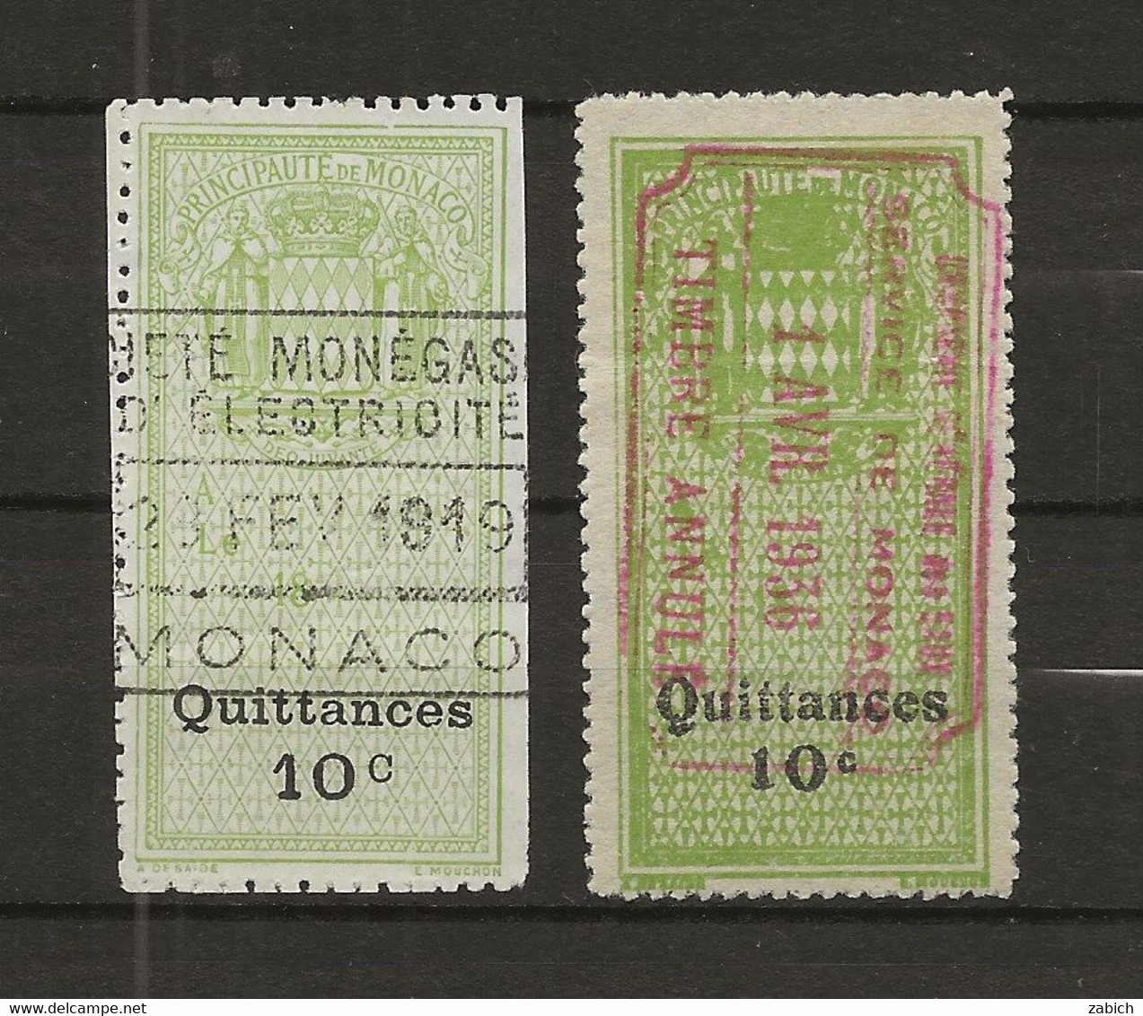 TIMBRES FISCAUX DE MONACO QUITTANCE  N° 1  ET N° 2 10 C VERT GRAND  ET  PETIT C - Fiscaux