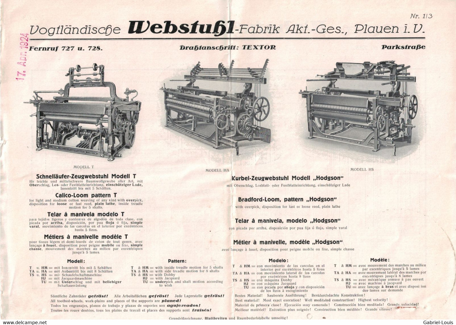 Vogtländische Webstuhl Fabrik Vogtland  Schweiz - Textor - Kurbel Zeugwebstuhl - Deutschland - Tools