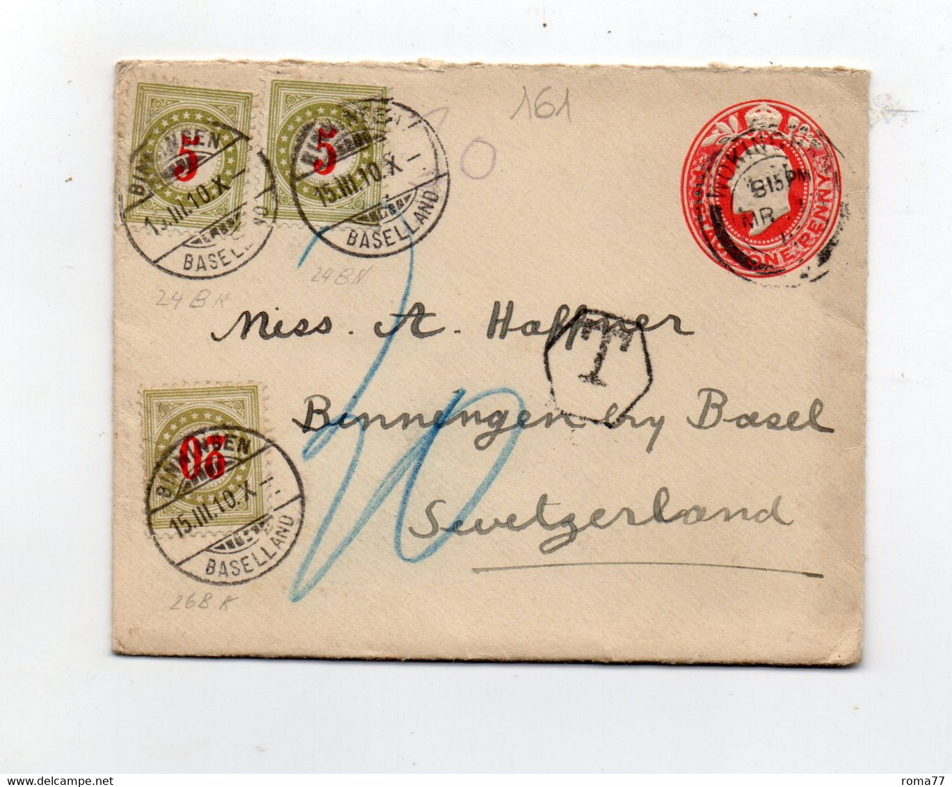 16MRC161 - SVIZZERA , Intero Dall'Inghilterra Tassato In Arrivo A Binningen 15/3/1910 - Impuesto
