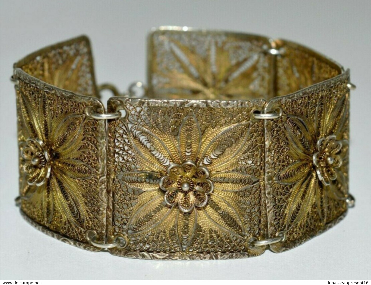 BRACELET ARGENT filigrané VERMEIL 6 Carrés décorés de volutes & Fleur Charançon bijou ancien argent massif doré