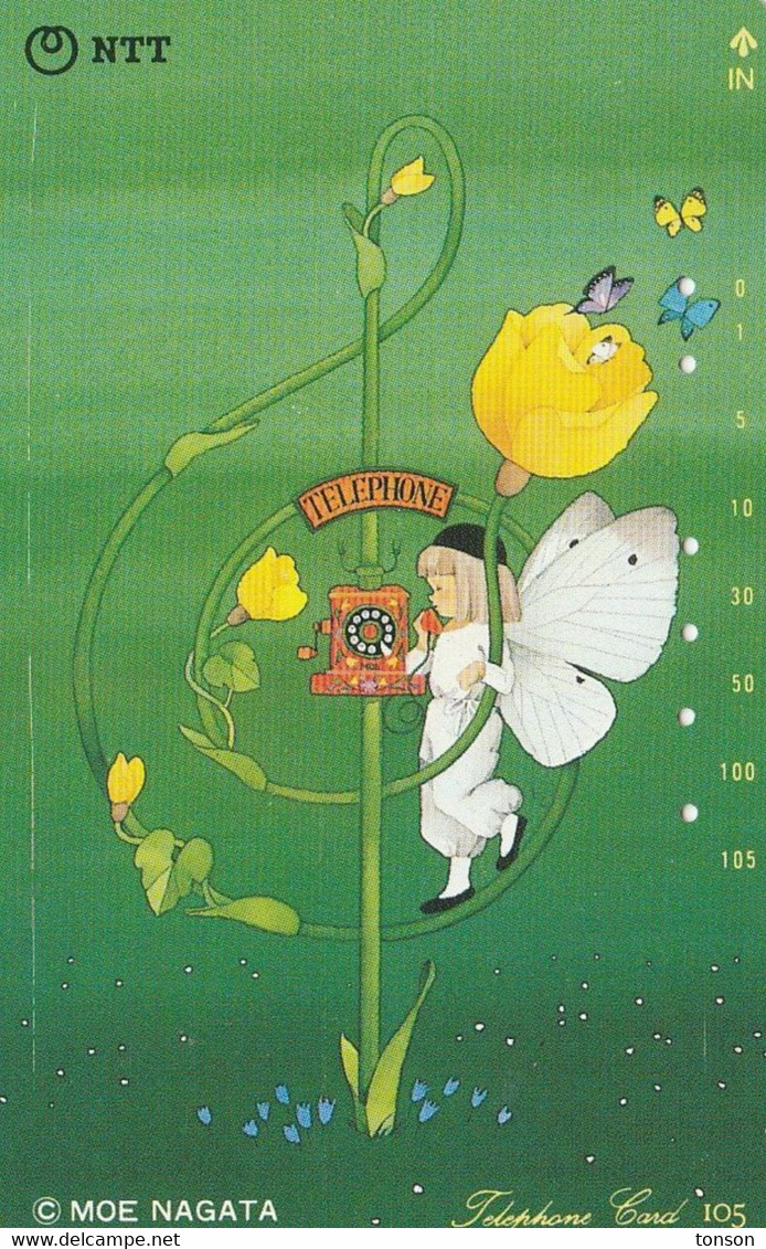 Japan, 291-238 B, Fairy On Treble Clef Flower Phone, Flowers, Butterflies, 2 Scans. - Mariposas