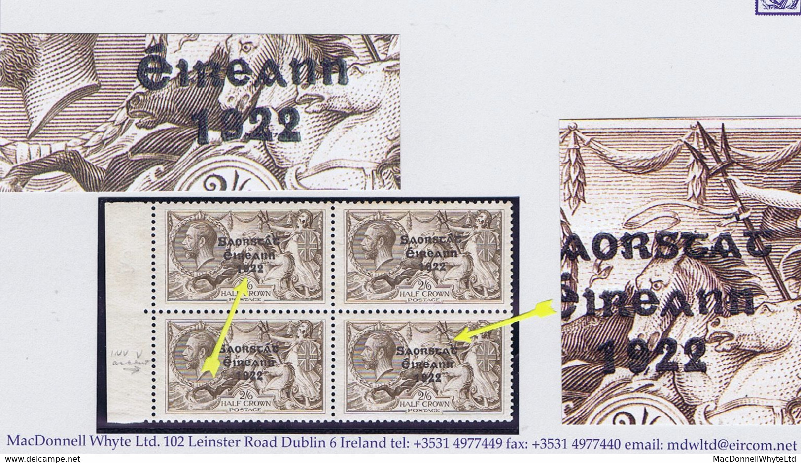 Ireland 1927-28 Wide Date Setting Saorstat 3-line Ovpt On 2/6d, Vars "Flat-tailed 9" And "Circumflex Accent" In Block Of - Ungebraucht
