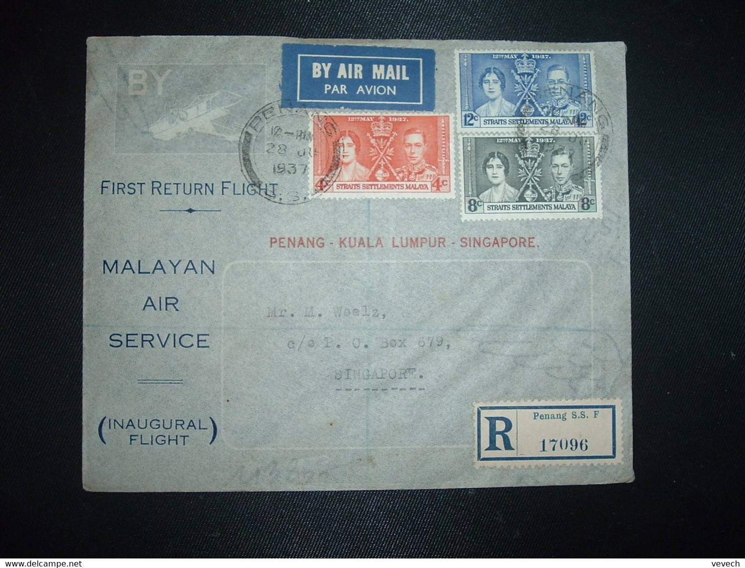 LR FIRST RETURN FLIGHT MALAYAN AIR SERVICE PENANG KUALE LUMPUR SINGAPORE TP 12c + 8c + 4c OBL.28 JU 1937 PENANG - Malayan Postal Union