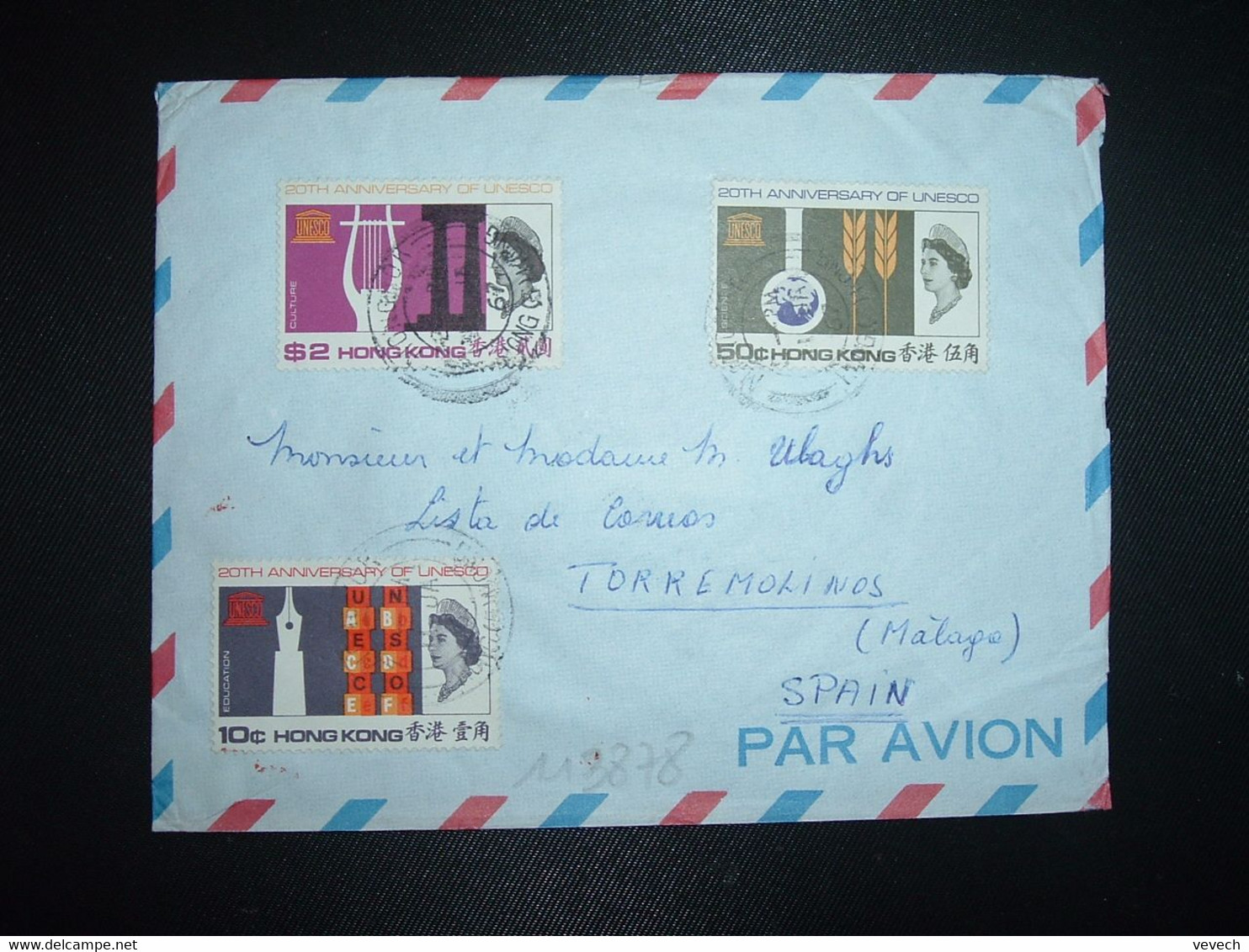 LETTRE Par Avion Pour ESPAGNE TP UNESCO S 2 + 50c + 10c OBL.11 JA 67 MONG KOK - Lettres & Documents