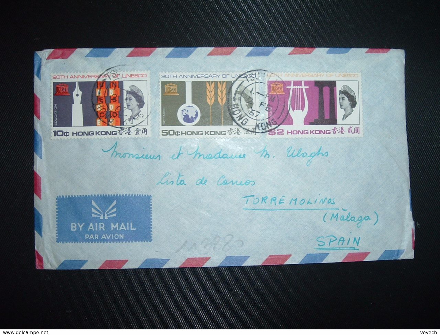 LETTRE Par Avion Pour ESPAGNE TP UNESCO S 2 + 50c + 10c OBL.2 FE 67 TSUEN WAN - Briefe U. Dokumente