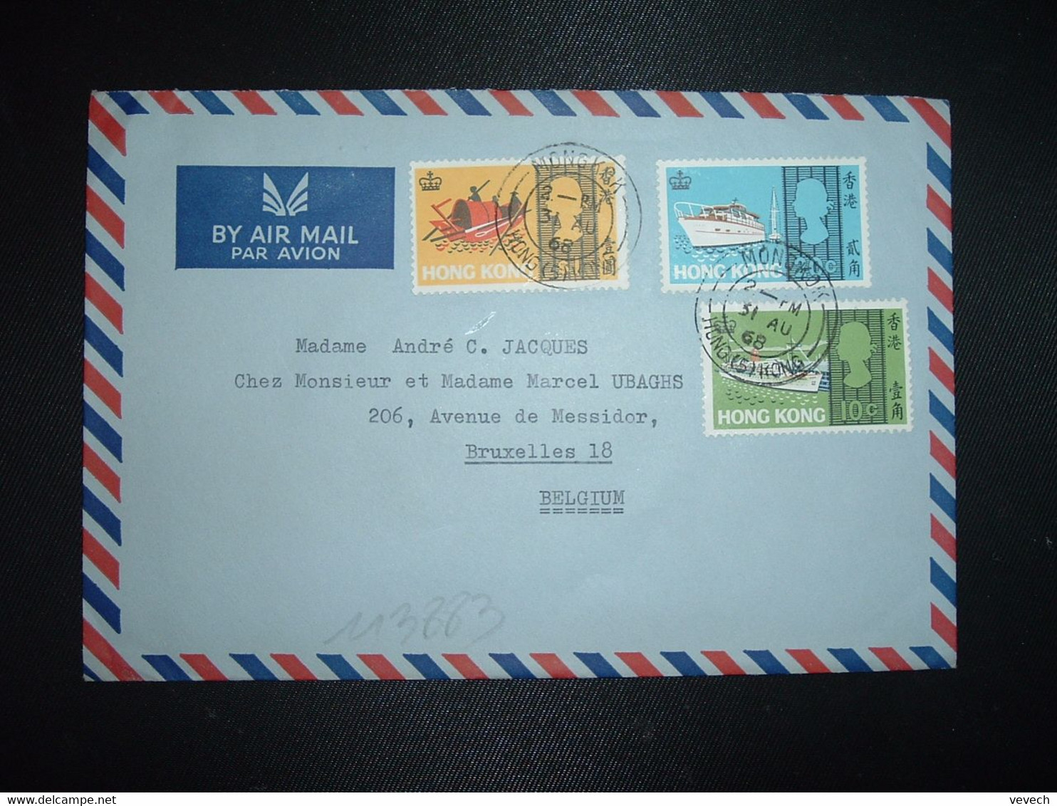 LETTRE Par AVION Pour BELGIQUE TP BATEAU S 1 + 20c + 10c OBL;31 AU 68 MONG KOK - Covers & Documents