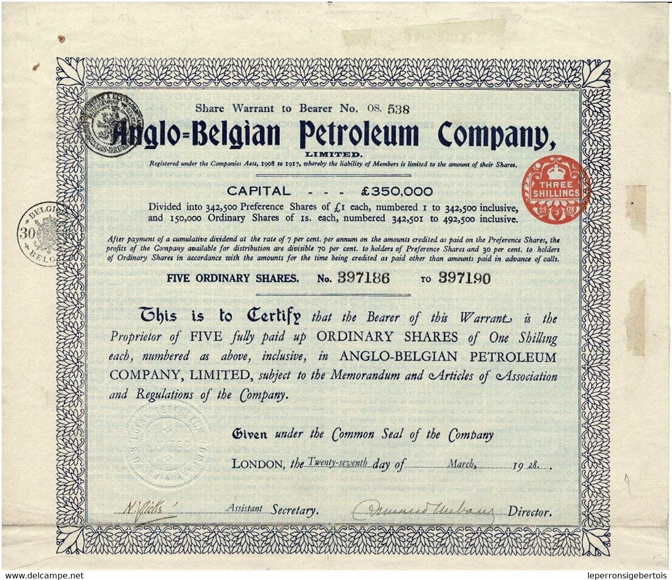 - Titre De 1928 - Anglo Belgian Petroleum Company - - Petróleo