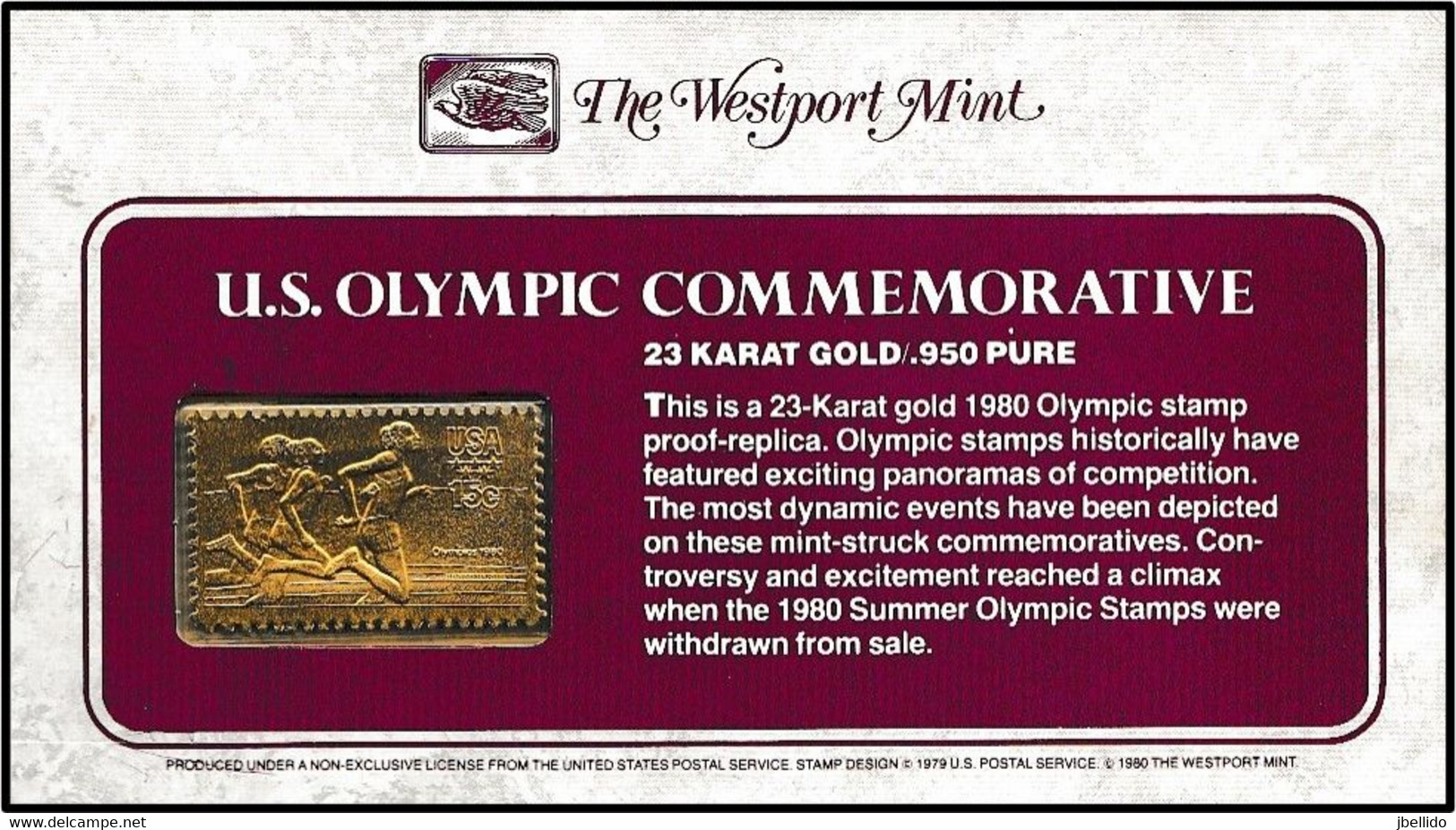 1980 USA OLIMPIC STAMP 23  KARAT GOLD, Proof Replica, Olimpicos Usa Replica Prueba En Oro 23 Q, OLIMPIADA, OLYMPIAD - Otros & Sin Clasificación