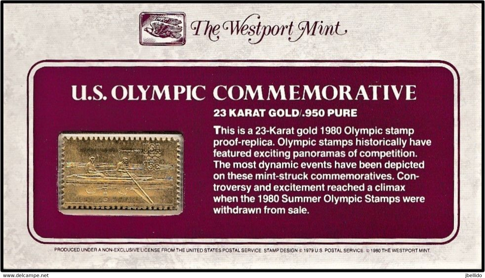 1980 USA OLIMPIC STAMP 23  KARAT GOLD, Proof Replica, Olimpicos Usa Replica Prueba En Oro 23 Q, OLIMPIADA, OLYMPIAD - Otros & Sin Clasificación