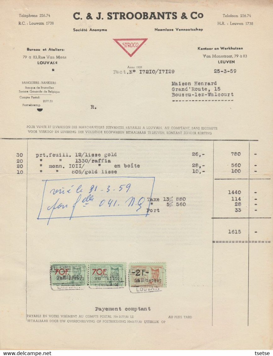 Factuur C. & J. Stroobants & Co - Leuven -1959 ( 2 ) - Straßenhandel Und Kleingewerbe