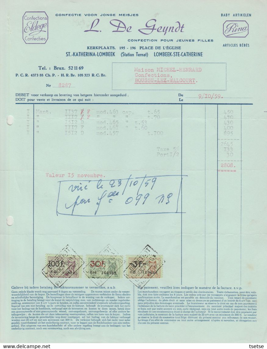 Factuur - Ets De Geyndt Louis - Confectie Voor Jonge Meisjes/ Rina  -  St. Katherina-Lombeek -1959 (6 ) - Old Professions