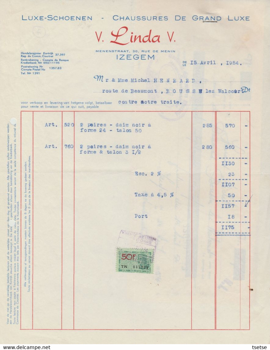 Factuur - V. Linda V. - Luxe-Shoenen  - Izegem -1954 ( 7 ) - Artigianato