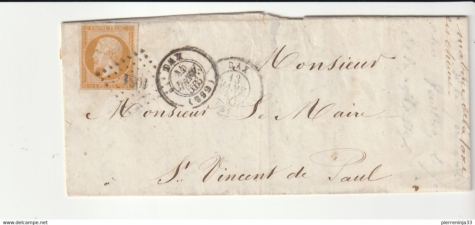 Lettre Avec Classiques De France:Napoléon N°13A, P.C. 1081 Dax, 1856, Cote Seul Sur Lettre 25e - 1853-1860 Napoleon III