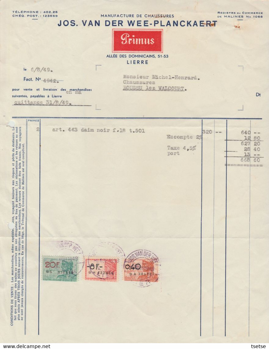 Factuur - Jos Van Der Wee -Planckaert - Manufacture De Chaussures / Primus - Lier  -1949 ( 16 ) - Petits Métiers