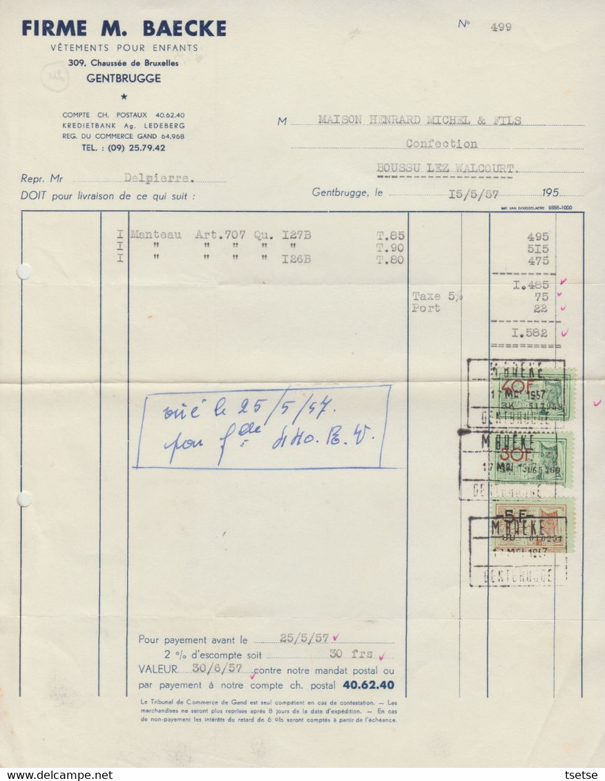 Factuur - Firme M. Baecke - Vêtements Pour Enfants - Gentbrugge -1957 ( 28 ) - Artigianato