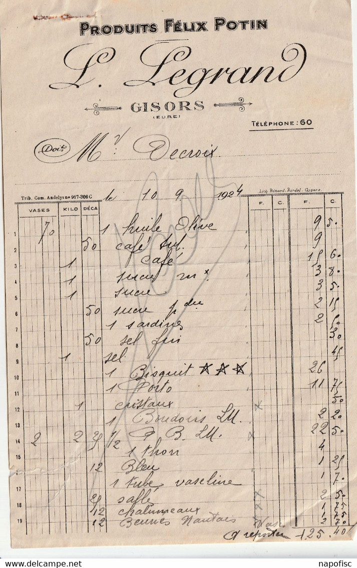 27-L.Legrand......Produits  Félix Potin.....Gisors....(Eure)..1924 - Levensmiddelen