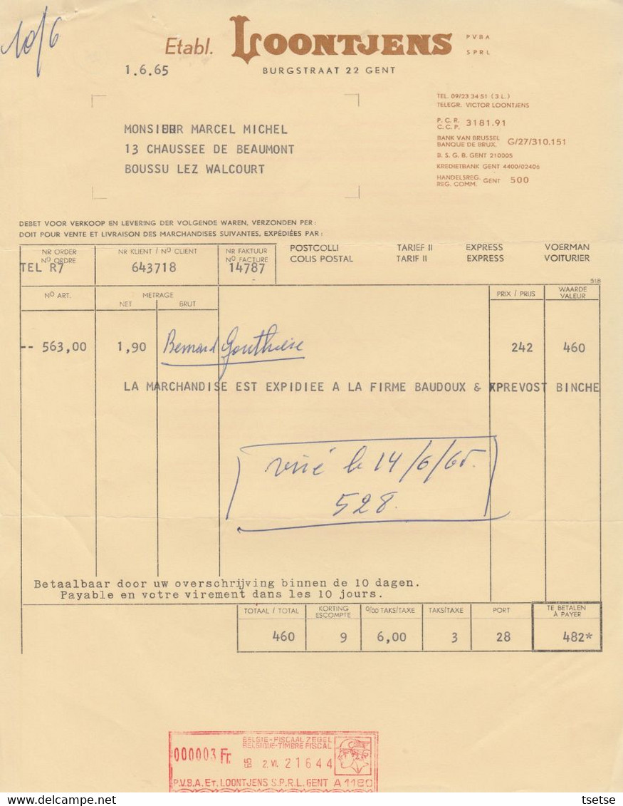 Factuur - Etabl. Loontjens  - Gent -1965 ( 25 ) - Artigianato