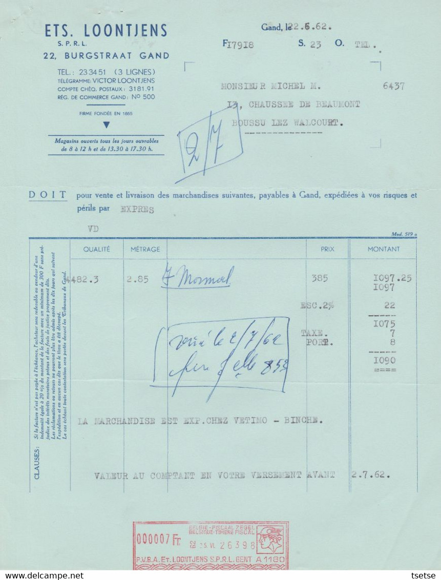 Factuur - Ets Loontjens  - Gent -1962 ( 27 ) - Artigianato