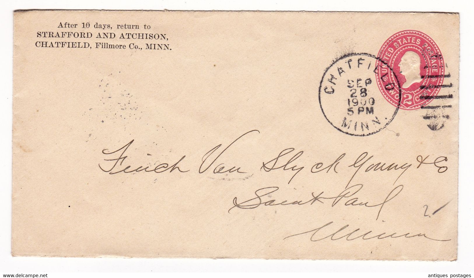 Postal Stationery 2 Cents USA Chatfield 1900 Minnesota Strafford And Atchinson Saint Paul Entier Postal - ...-1900
