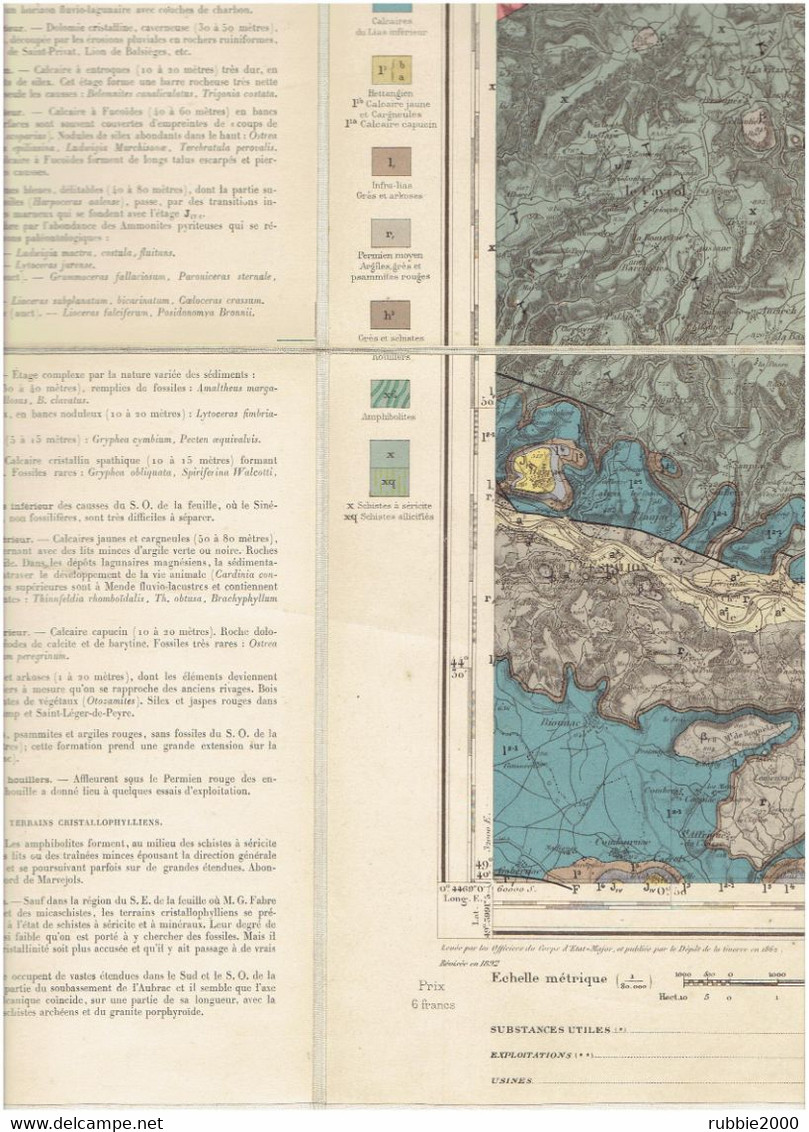 CARTE GEOLOGIQUE ENTOILEE 1892 MENDE MARVEJOLS ESPALION DEUX VERGES EULALIE RIEUTORT GRAISSAC FOUTANS MONTPEYROUX - Cartes Topographiques