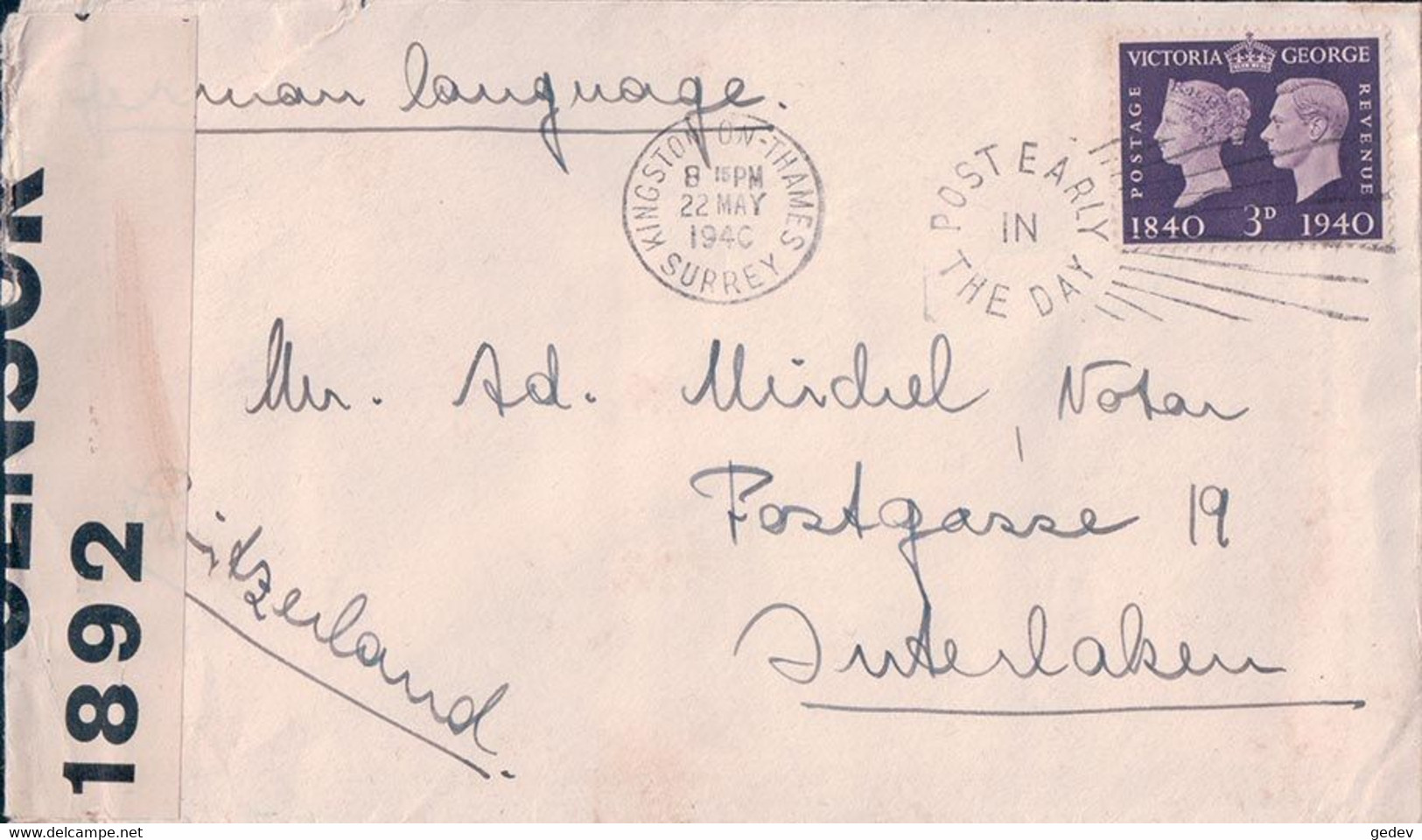 GB, Lettre Censurée, Kingston - Interlaken Suisse (22.5.1940) - Altri & Non Classificati