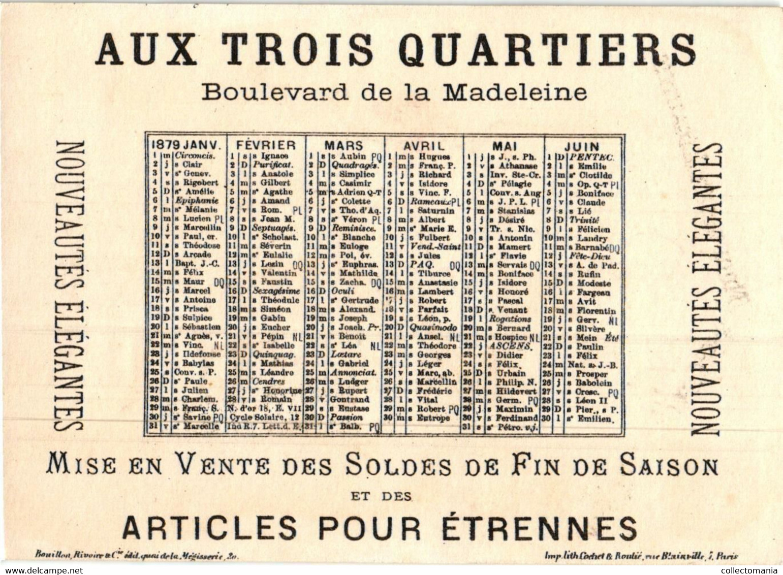 1879 calendrier série de 6 complete,  litho COCHET, PUB Au Trois Quartiers Pendulum Dressmaker BOUILLON RIVOIRE sublime