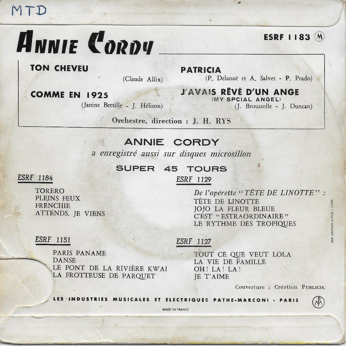 Annie Cordy 45t. EP "ton Cheveu" - Andere - Franstalig