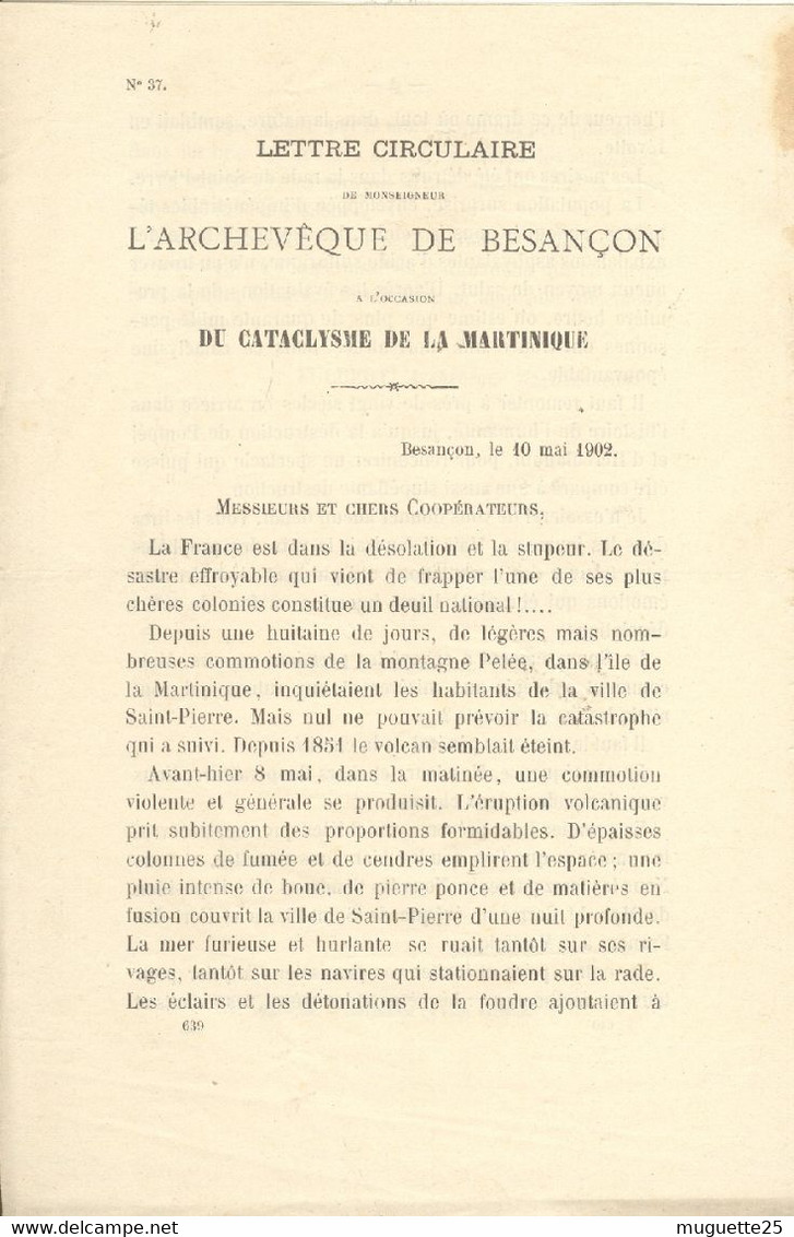 Lettre Circulaire  Imprimée De L'Archevêque De Besançon Mgr FULBERT  PETIT En Date Du 10 Mai 1902 - Religión & Esoterismo