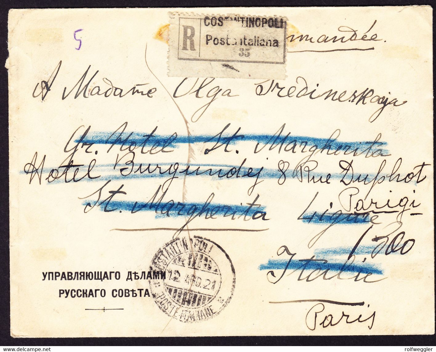 1921 R-Brief Italienische Post In Constantinople. Absender: Russisches Konsulat Nach St. Margherita Dann Umgeleitet Nach - Non Classificati