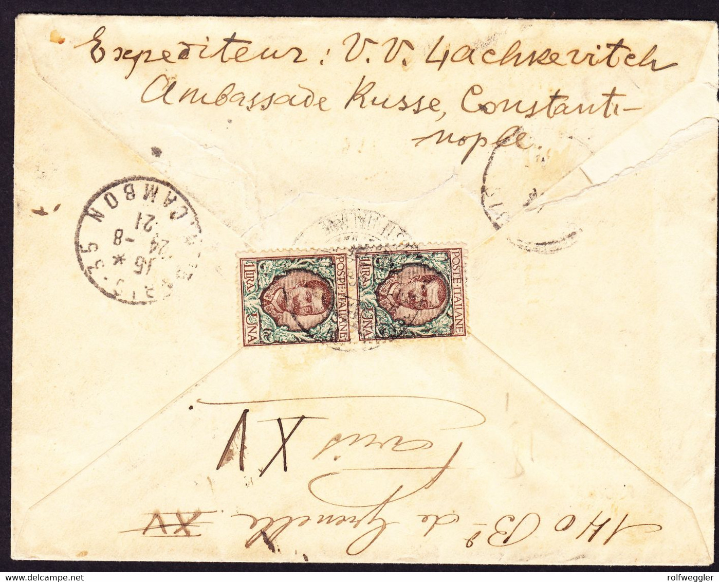 1921 R-Brief Italienische Post In Constantinople. Absender: Russisches Konsulat Nach St. Margherita Dann Umgeleitet Nach - Non Classés