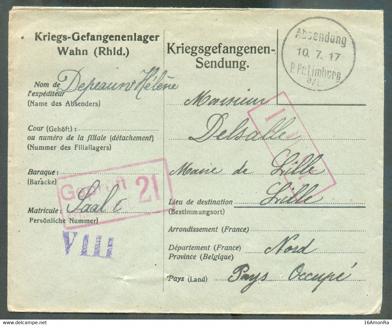 Env. Kriegsgefangenen-Sendung Wahn (Rhld.) Cachet Sc Absendung 10.7.1917 P.Pr. Limburg De Hélène DEPAUW Vers Mairie De L - Prisonniers