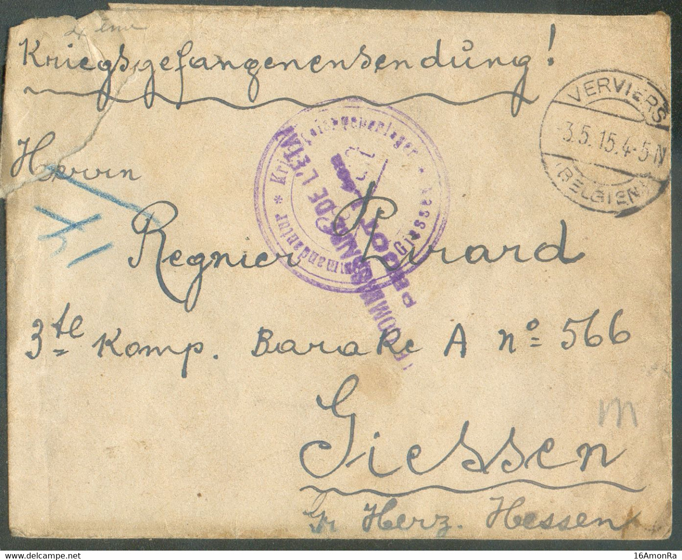 Kriegsgefangenensendung Lettre De VERVIERS  3.5.1915 Vers Giessen + Cachets Violets  Commissaire De L'Etat Léon PRIJOT + - Kriegsgefangenschaft