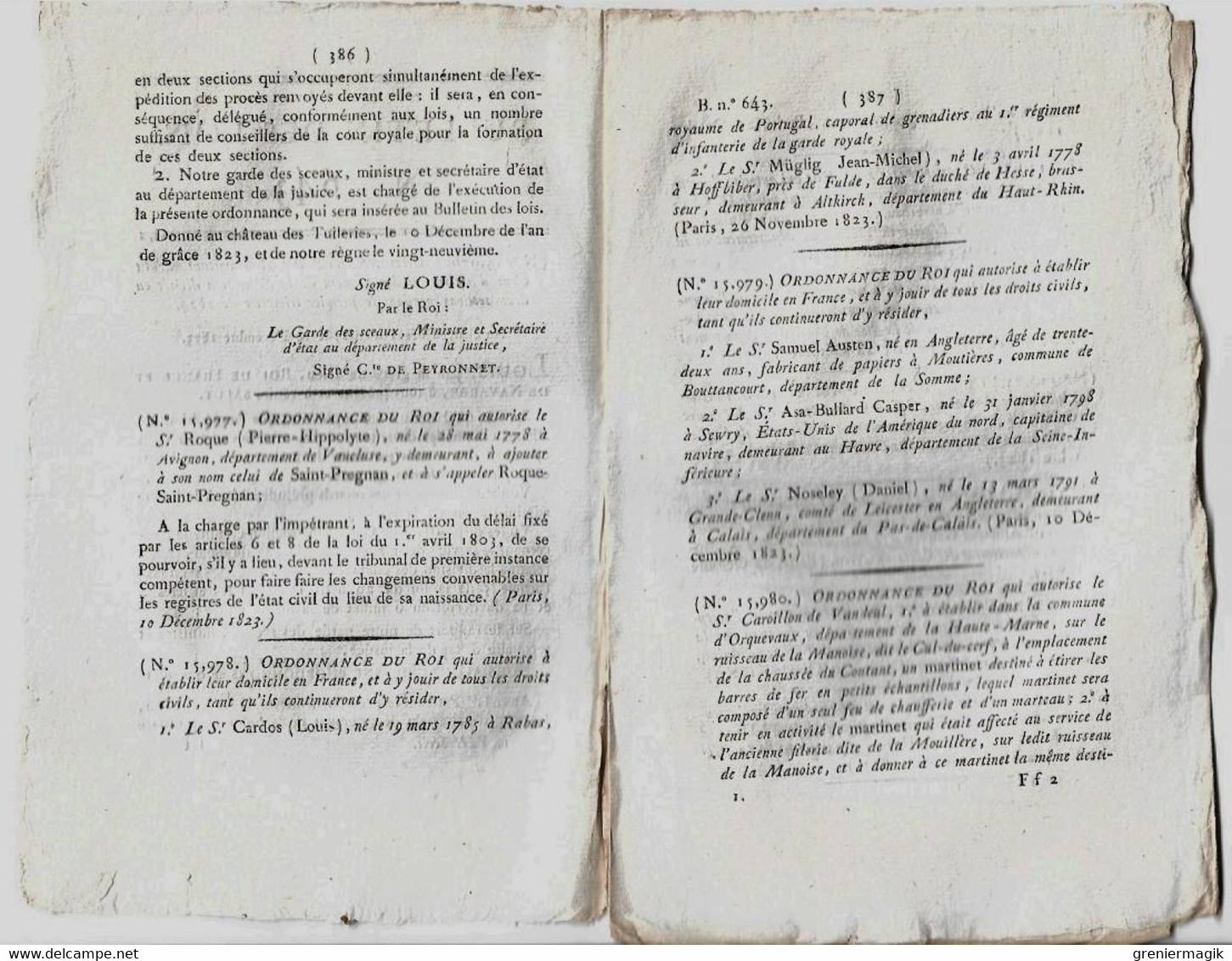 Bulletin Des Lois N°643 1823 Roque De Saint-Prégnan Avignon/Asa Bullard Casper Havre/Martinet Orquevaux Cul-du-cerf - Decreti & Leggi