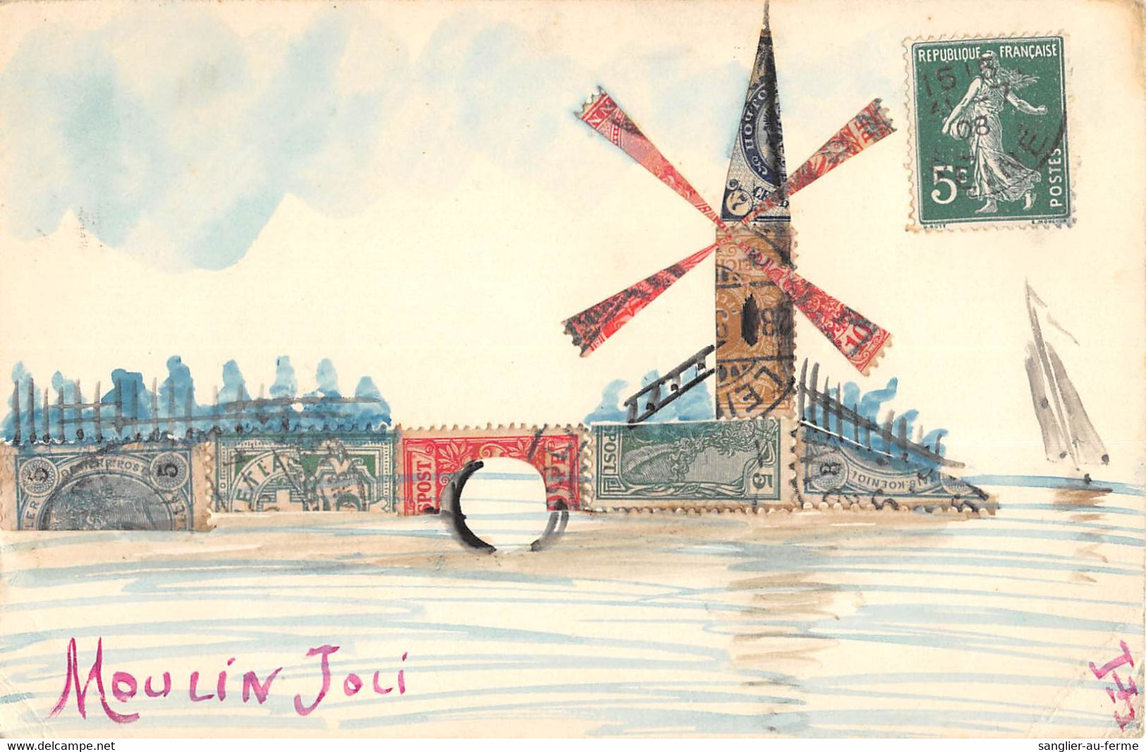 CPA FANTAISIE PAS TRES COURANTE AVEC UN PAYSAGE "MOULIN JOLI" FAIT AVEC DES TIMBRES ANCIENS - Dreh- Und Zugkarten