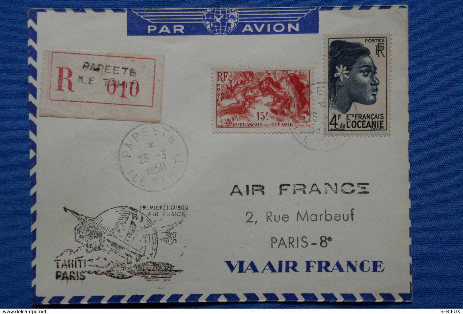 C FRANCE BELLE LETTRE RARE RECOM.1950 IERE LIAISON  PAPEETE POUR PARIS PAR AIR FRANCE+ AFF. PLAISANT - Lettres & Documents