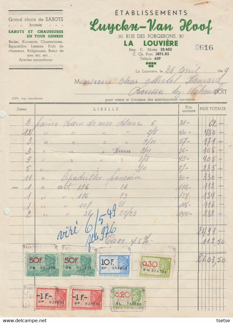 Facture - Etablissements Luycken-Van Hoof - Grand Choix De Sabots - La Louvière - 1949 - Ambachten