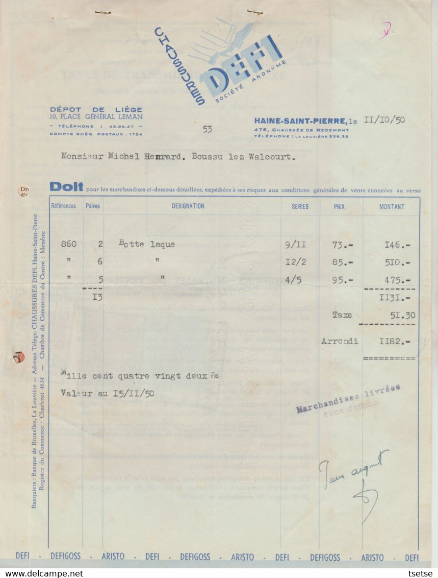 Facture - Defi - Chaussures - Haine-Saint-Pierre - 1950 - Straßenhandel Und Kleingewerbe