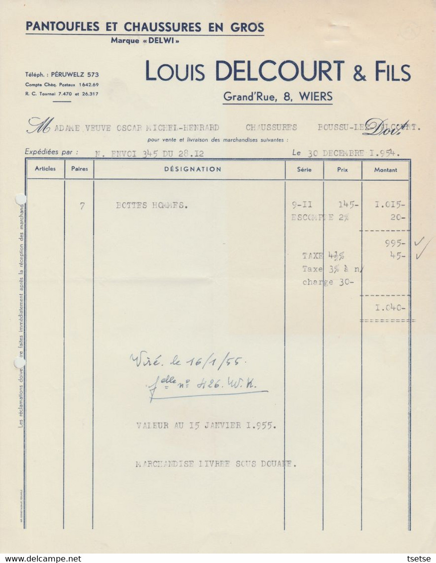 Facture - Louis Delcourt & Fils -  Pantoufles Et Chaussures En Gros  - Wiers - 1954 - Artigianato